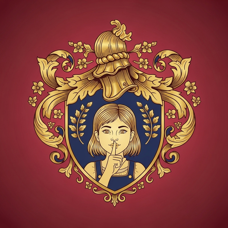 Ornate Gold Heart Coat of Arms | Regal Emblem with Playful Girl Ornate Gold Heart Coat of Arms | Regal Emblem with Playful Girl