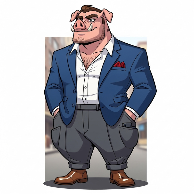 Stylish Masculine Pig Character with Unexpected Style Stylish Masculine Pig Character with Unexpected Style