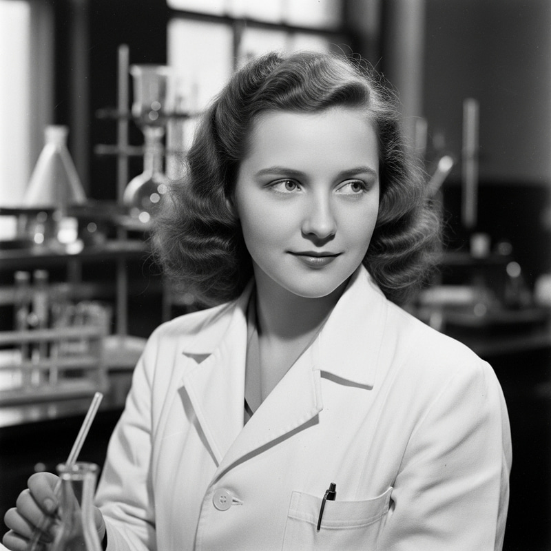 Vintage Style Beauty: Fair-Skinned Woman in Lab Coat