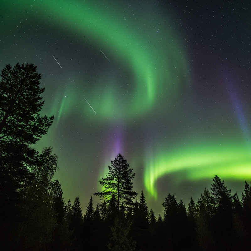 Aurora Borealis Forest Night View | Starfall Sky Phenomenon Aurora Borealis Forest Night View | Starfall Sky Phenomenon
