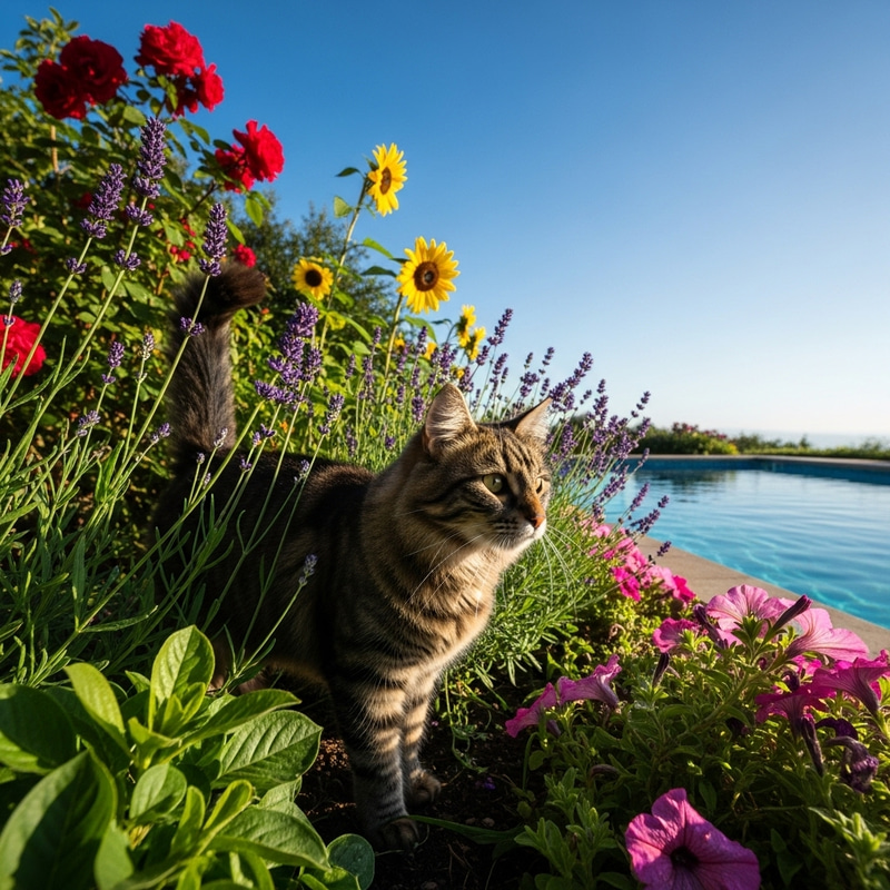 Cat Strolling in a Beautiful Garden by the Pool