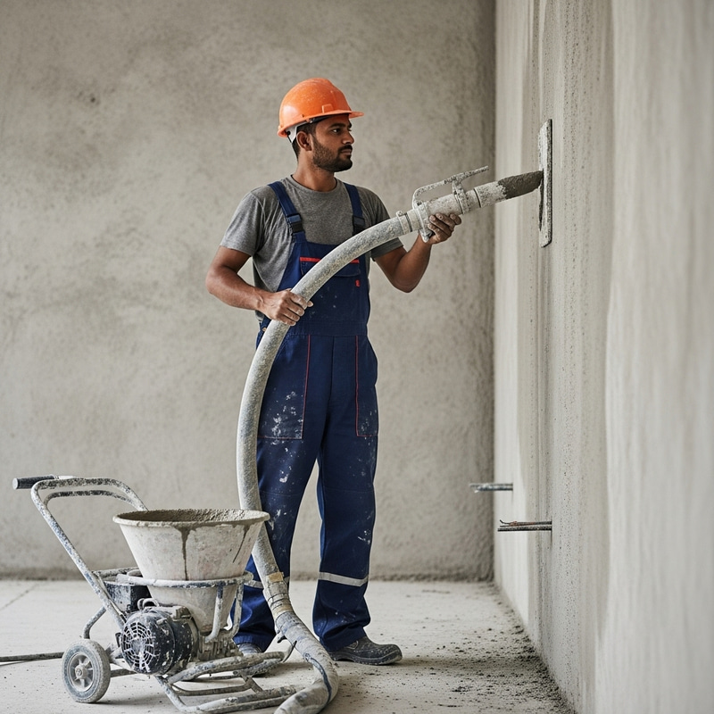 South Asian Worker with Mechanized Plastering Equipment Near Cement Wall