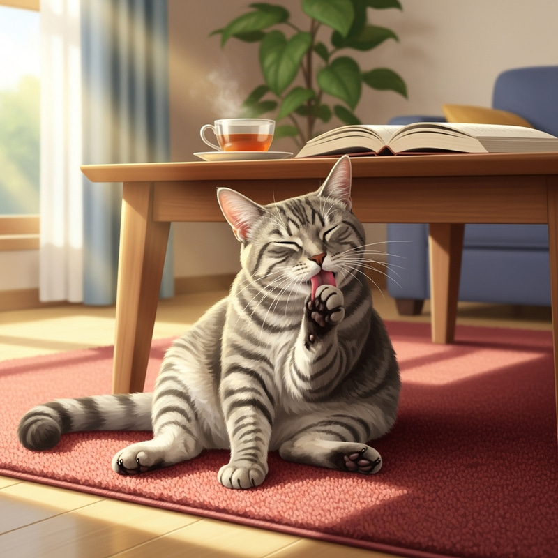 Adorable Grey Tabby Cat Lounging on Vibrant Rug Adorable Grey Tabby Cat Lounging on Vibrant Rug