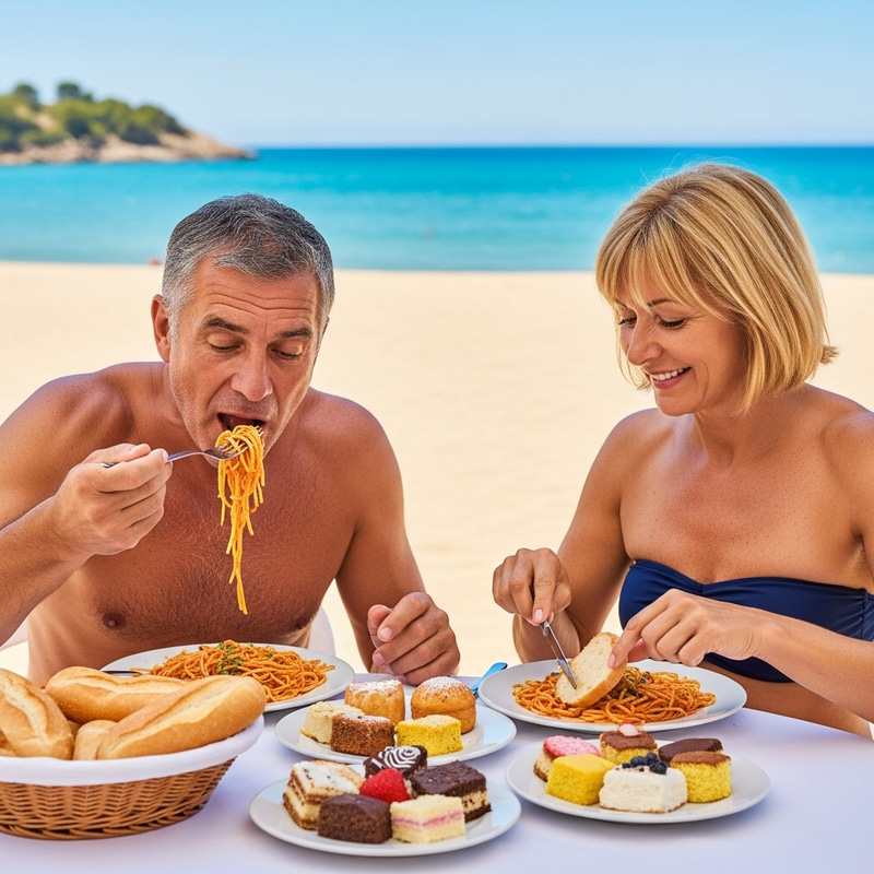 Golden Beach Dining: Middle-aged Couple Enjoy Spaghetti & Sweets