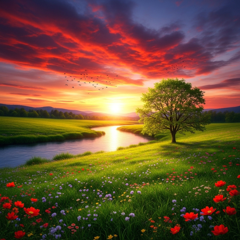 Tranquil Sunset Landscape with Vibrant Colors and Lush Green Fields Tranquil Sunset Landscape with Vibrant Colors and Lush Green Fields