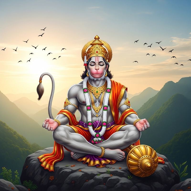Lord Hanuman Meditating on Rock at Mountain Top with Early Morning Sun and Green Mountains in Background Lord Hanuman Meditating on Rock at Mountain Top with Early Morning Sun and Green Mountains in Background