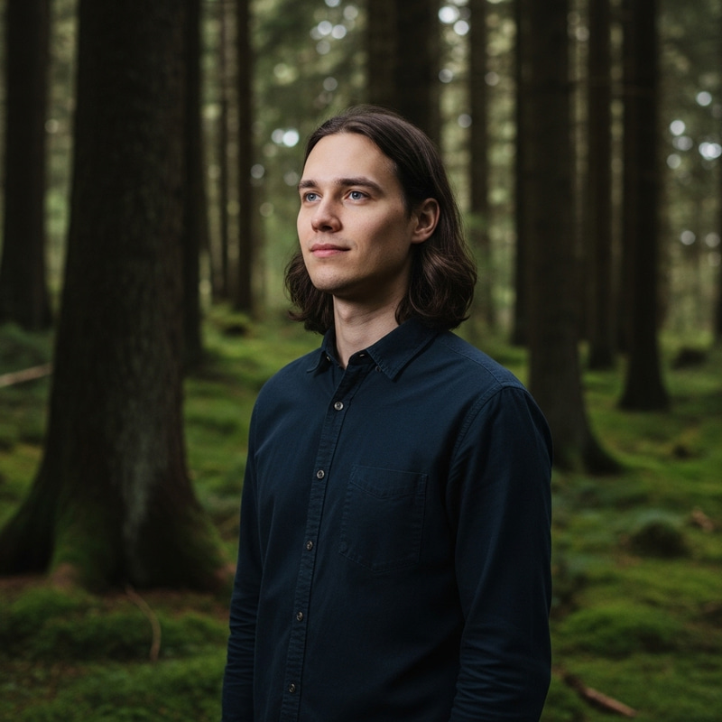 Serene Finnish Man in Enchanting Dark Forest Serene Finnish Man in Enchanting Dark Forest