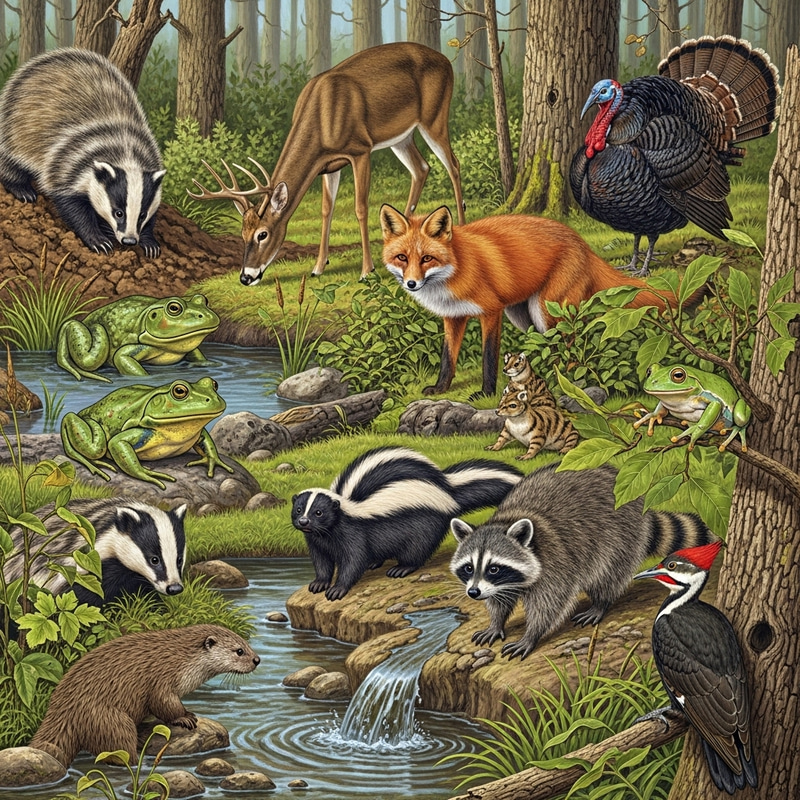 Wildlife Scene: American Badger, Deer, Bullfrog & More