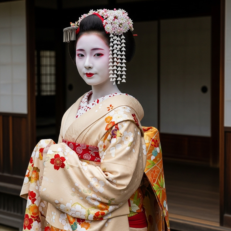 Japanese Geisha Scene with Elegant Kimono and Serene Ambiance Japanese Geisha Scene with Elegant Kimono and Serene Ambiance