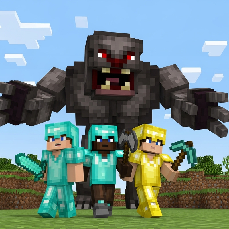 Survival of Trio in Pixelated Minecraft World Survival of Trio in Pixelated Minecraft World