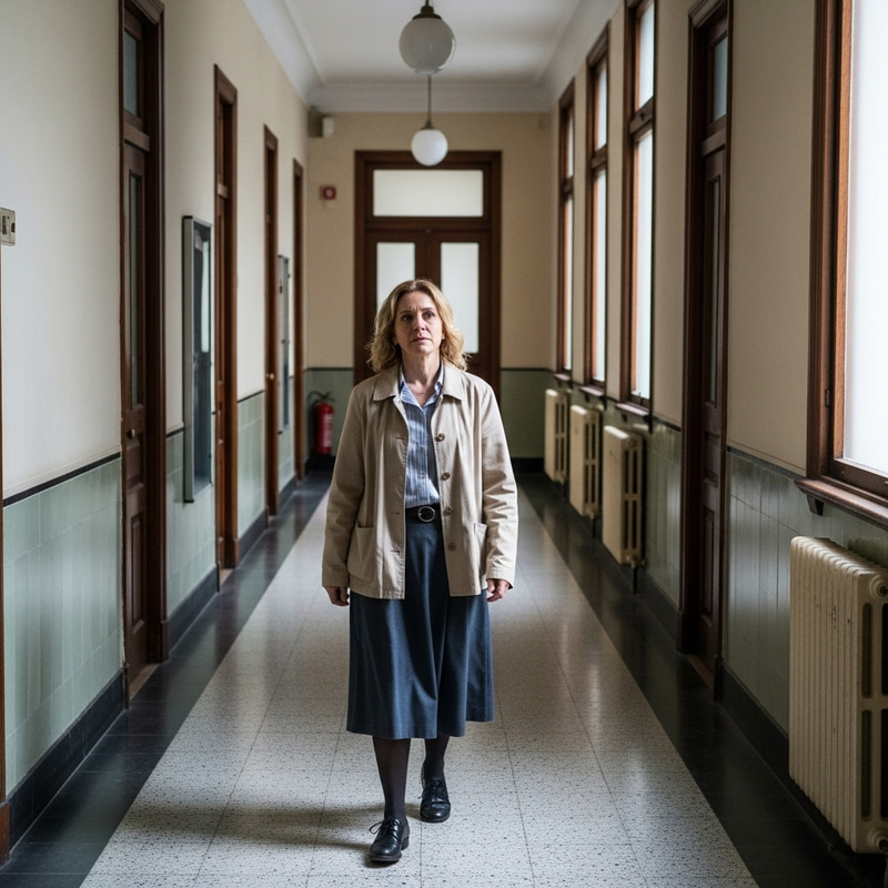 Historic Psychiatric Hospital: Woman with Blonde Hair Strolling Through Antique Corridors Historic Psychiatric Hospital: Woman with Blonde Hair Strolling Through Antique Corridors