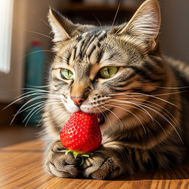 Cat Eating Strawberry - Adorable Scene of Feline Enjoying a Sweet Treat Cat Eating Strawberry - Adorable Scene of Feline Enjoying a Sweet Treat