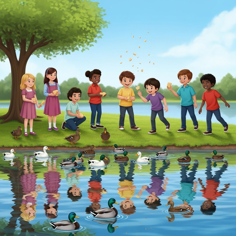 Children Playing by Pond Filled with Ducks