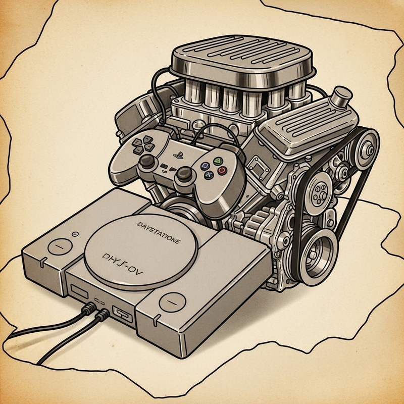 Vintage Playstation with V8 Engine in Old-School American Tattoo Style