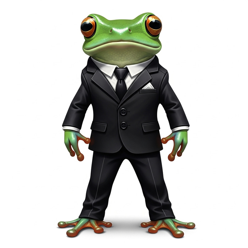 Frog in Elegant Green Suit - Striking Black Attire Frog in Elegant Green Suit - Striking Black Attire