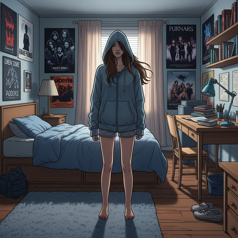 Cozy Teenage Girl in Unzipped Hoodie Standing in Warm Room Cozy Teenage Girl in Unzipped Hoodie Standing in Warm Room