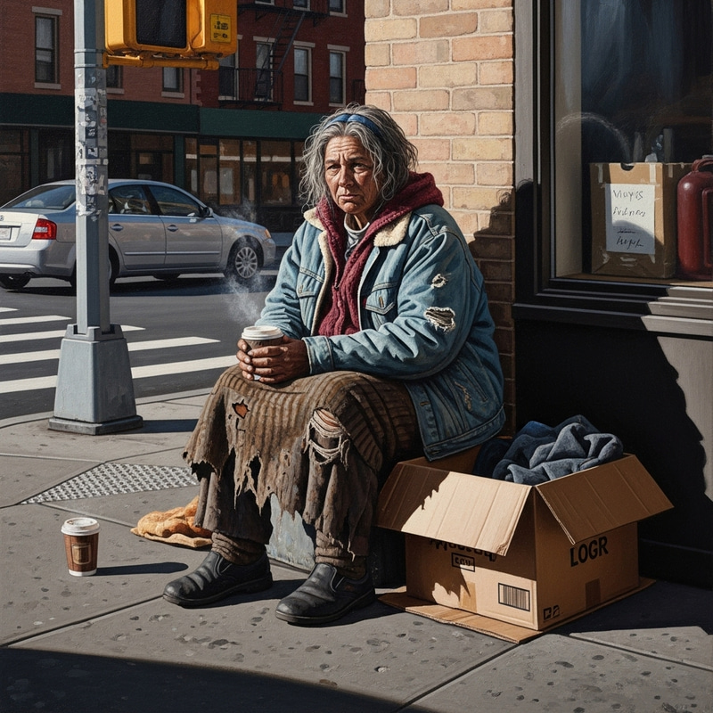 Emotive Street Art of a Homeless Woman in Urban Setting
