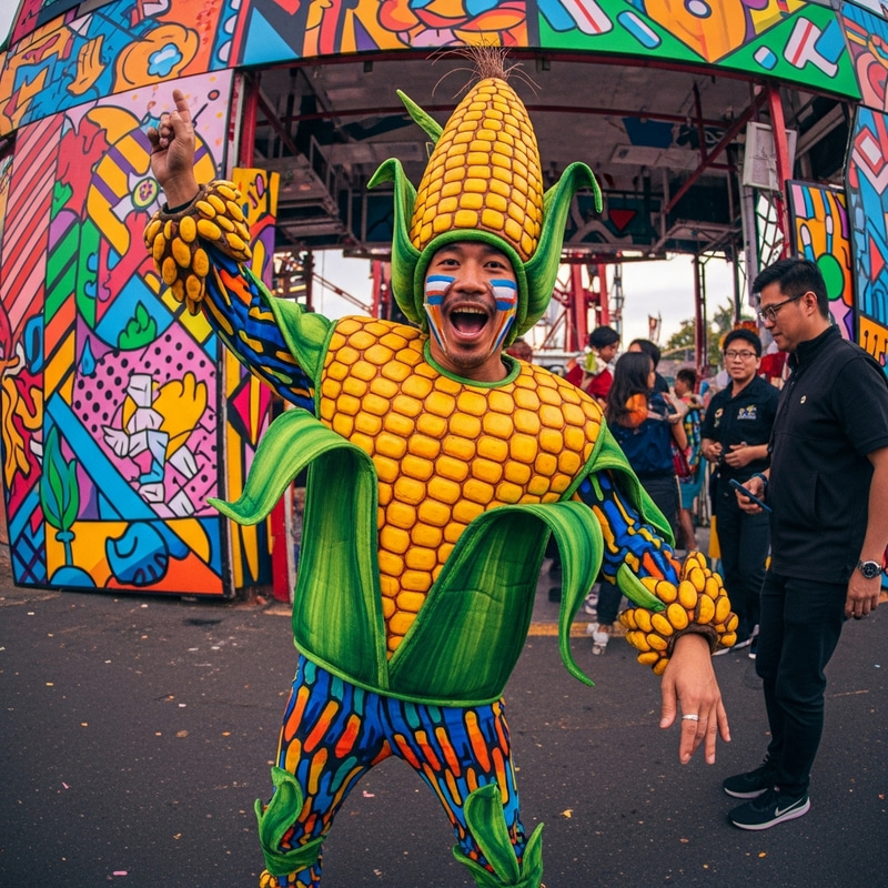 Lively Carnival Scene with Intricately Detailed Corn Costume Lively Carnival Scene with Intricately Detailed Corn Costume