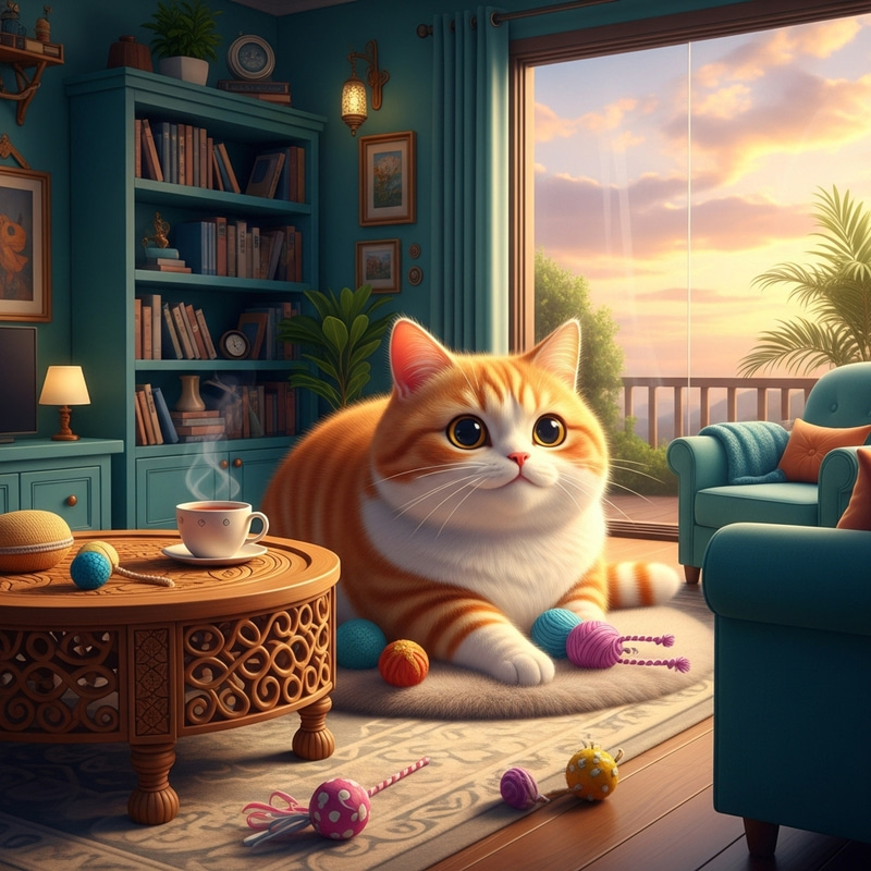 Cozy Vibes: Chubby Cat in Warm Indoor Scene