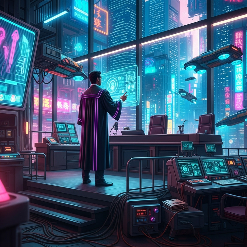 Future Cyberpunk Judge in City Courtroom Future Cyberpunk Judge in City Courtroom