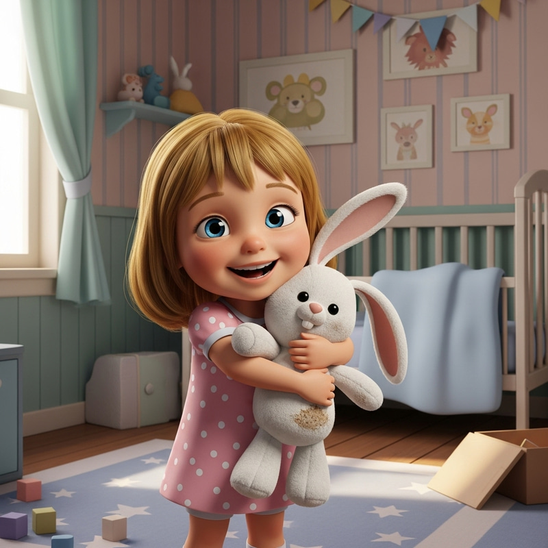 Joyful Little Girl Hugging Plush Bunny in Cozy Nursery Room