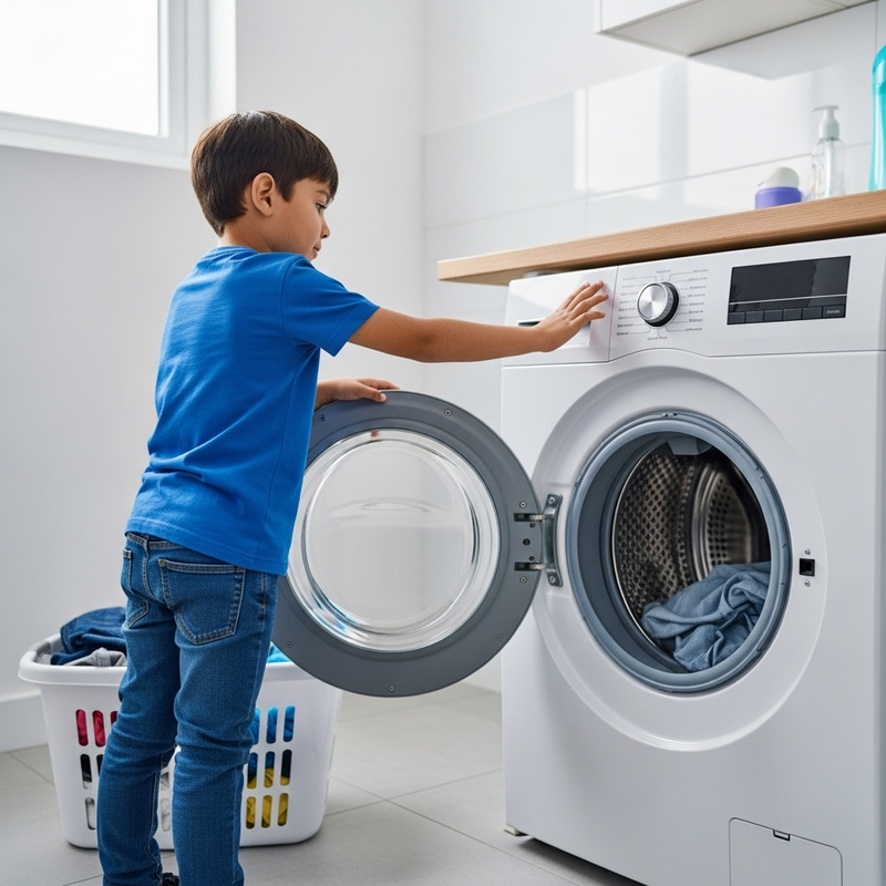 Hispanic Boy Comfortably Operating Washing Machine | Child Appliance Use Hispanic Boy Comfortably Operating Washing Machine | Child Appliance Use