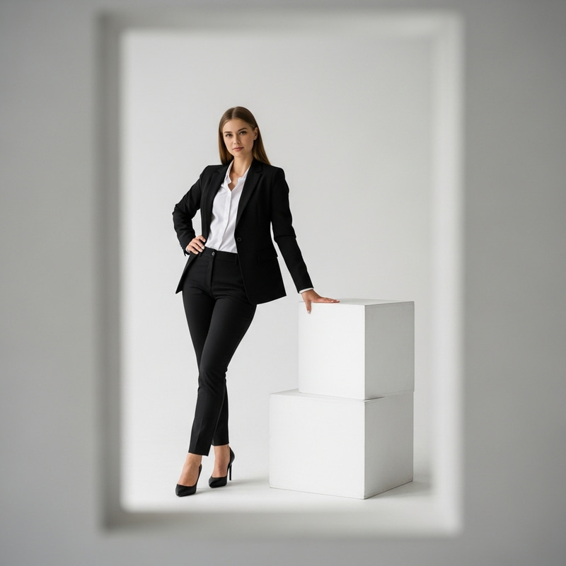 Professional Girl in White Studio with Cube - Business Attire Professional Girl in White Studio with Cube - Business Attire