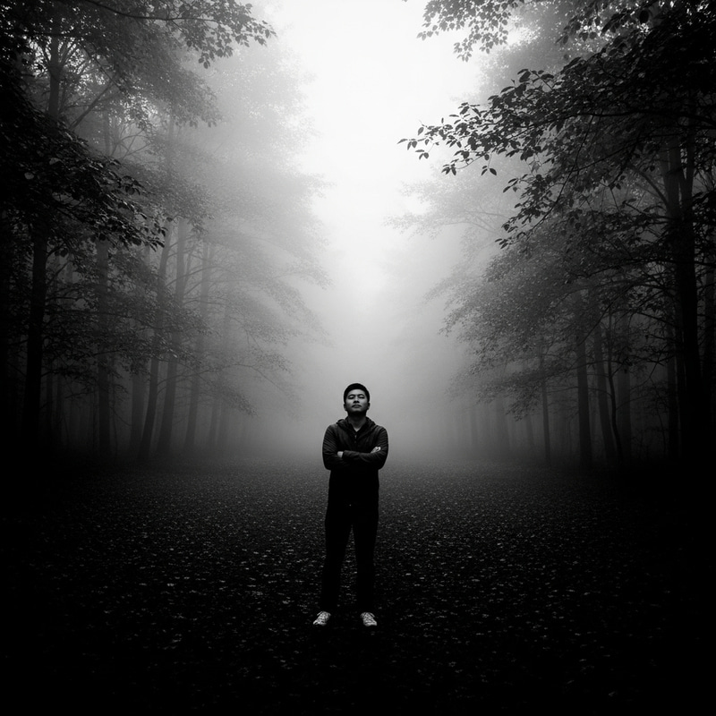Contemplative Asian Man in Foggy Forest | Vintage Noir Scene