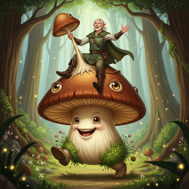 Handsome Elf Riding Big Brown Living Mushroom in Woodland Adventure Handsome Elf Riding Big Brown Living Mushroom in Woodland Adventure