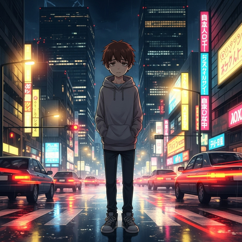 Heartbroken Lone Boy with Signature High-Top Sneakers in Night City