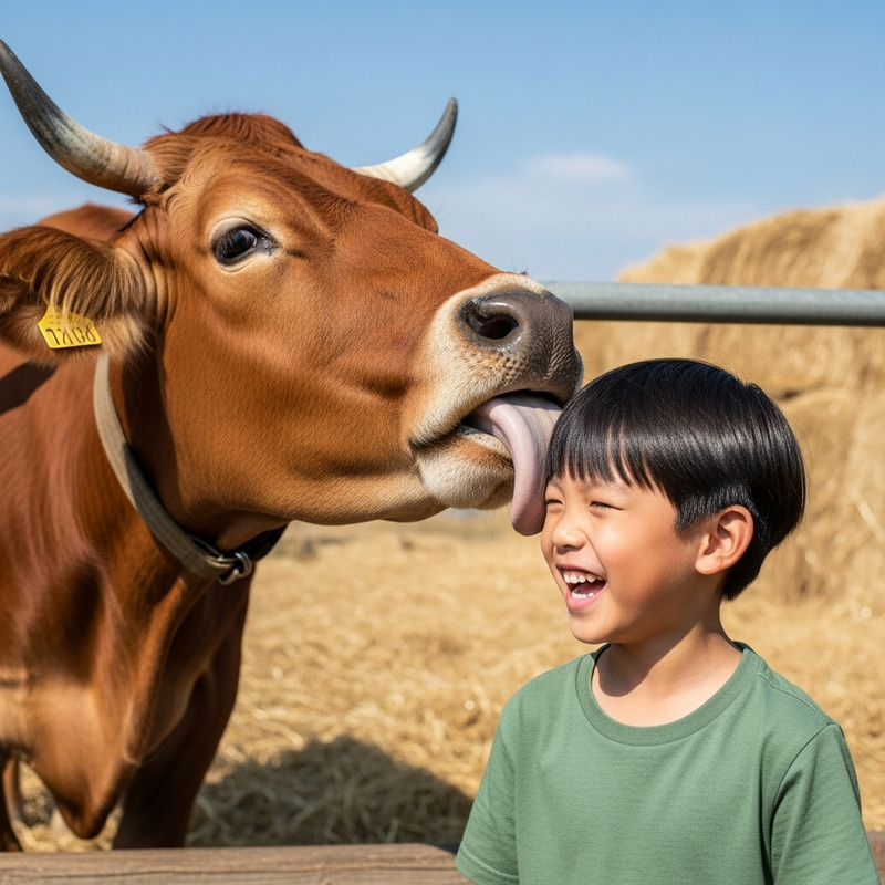 Adorable Brown Cow Licking Boy - Sweet Farm Moment Adorable Brown Cow Licking Boy - Sweet Farm Moment