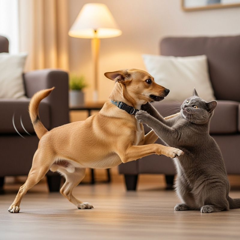 Dog and Cat Playfully Engaging: A Cozy Home Scene Dog and Cat Playfully Engaging: A Cozy Home Scene