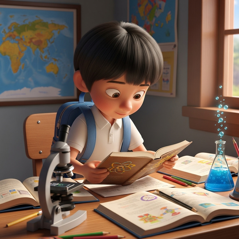Hispanic 7-Year-Old Boy in 3D Animation Studying Science with Blue Backpack Hispanic 7-Year-Old Boy in 3D Animation Studying Science with Blue Backpack