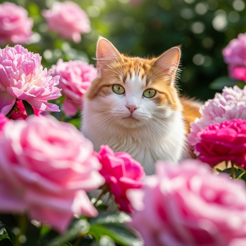 Adorable Cat with Pink Blossoms