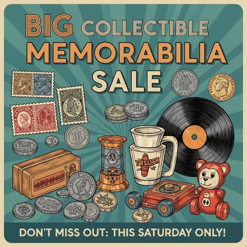 Vintage Memorabilia Sale Poster - Collectibles Galore Vintage Memorabilia Sale Poster - Collectibles Galore