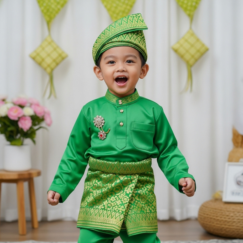 Muslim Kid in Traditional Hari Raya Outfit | Festive Celebration Muslim Kid in Traditional Hari Raya Outfit | Festive Celebration