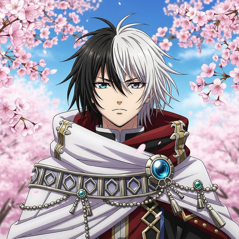 Black and White Hair Anime Boy | Determined Character in Royally Designed Cloak Black and White Hair Anime Boy | Determined Character in Royally Designed Cloak