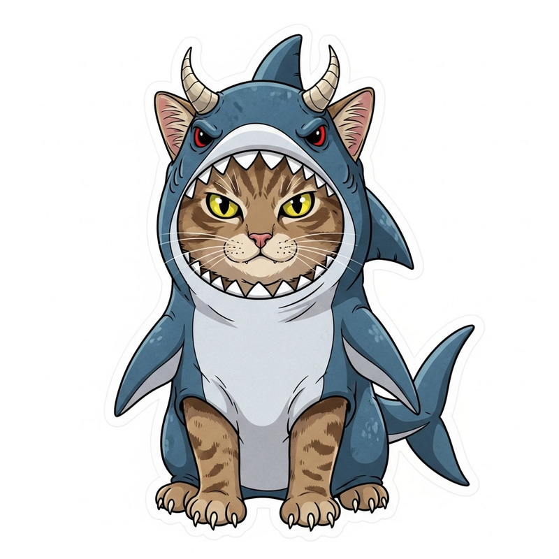 Animated Angry Cat Shark Costume Sticker | Unique Design