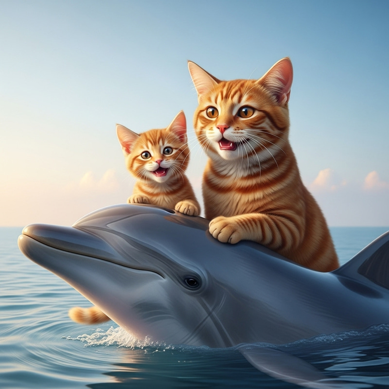 Realistic Auburn Cat and Kitten Stroking Dolphin by Seaside Realistic Auburn Cat and Kitten Stroking Dolphin by Seaside