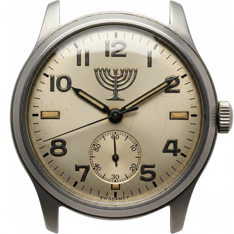 Vintage Israeli Military Watch Face with Menorah Symbol | Hebrew Engravings