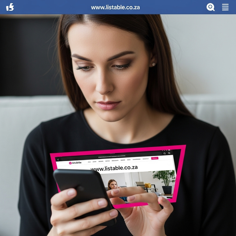 Captivating Brunette Woman immersed in Phone Displaying Listable.co.za Captivating Brunette Woman immersed in Phone Displaying Listable.co.za