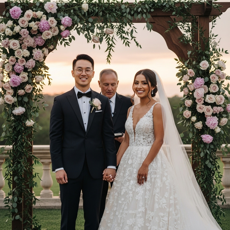 Capturing the Magical Moment: Wedding Photo of Couple Under Floral Archway