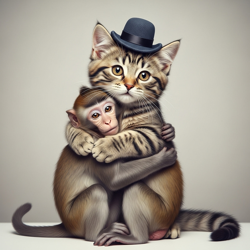 Cute Cat and Monkey Hugging - Adorable Animal Friendship Cute Cat and Monkey Hugging - Adorable Animal Friendship