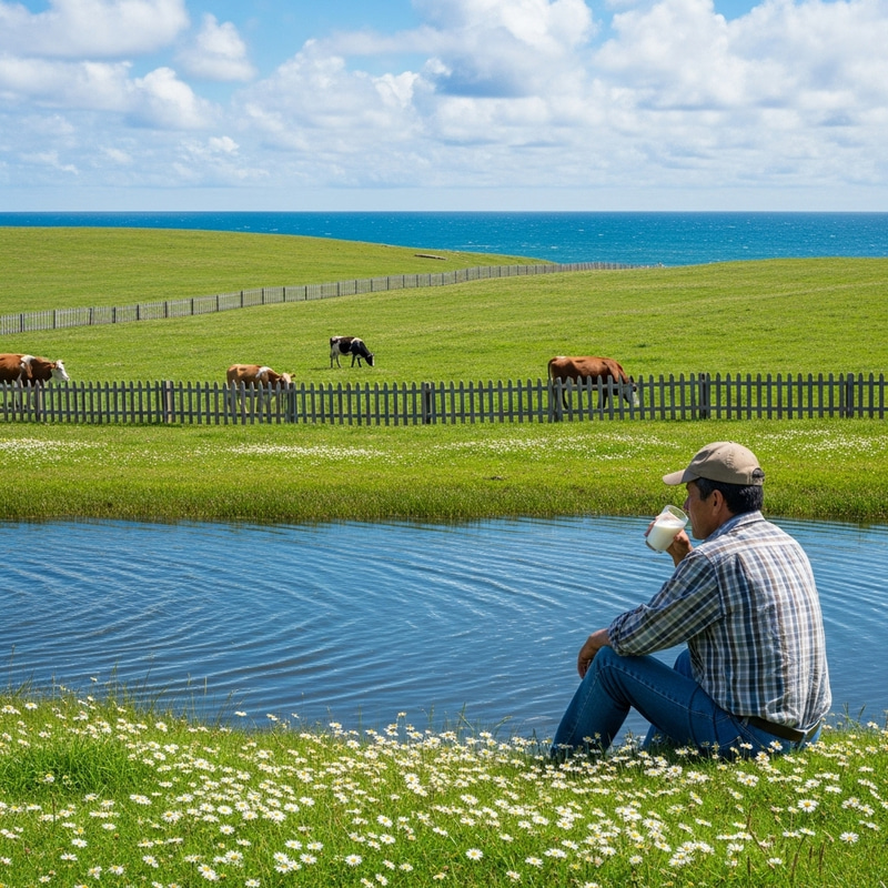 Tranquil Farm with Cows by the Pacific Ocean - Man Enjoying Kefir Drink Tranquil Farm with Cows by the Pacific Ocean - Man Enjoying Kefir Drink