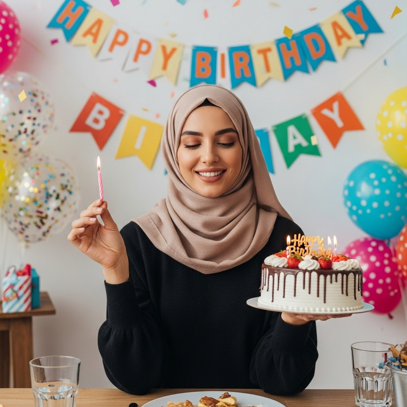 Muslim Lady Celebrates Birthday with Traditional Hijab and Cake Muslim Lady Celebrates Birthday with Traditional Hijab and Cake