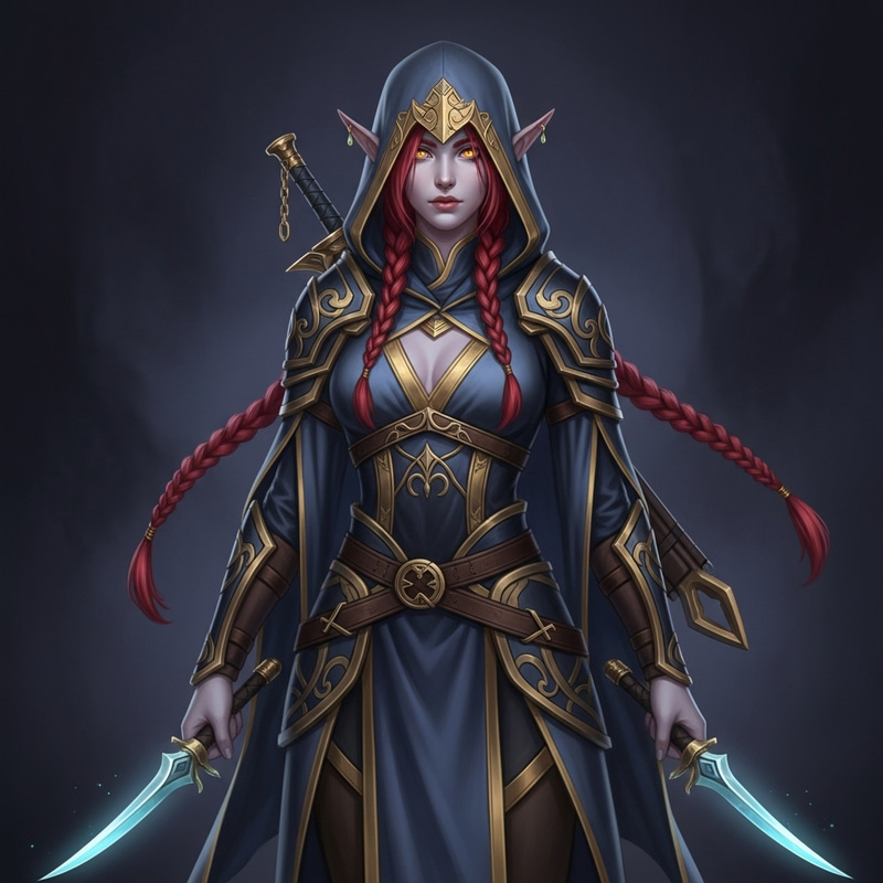 Elegant Female Elf Assassin with Blood-Red Hair
