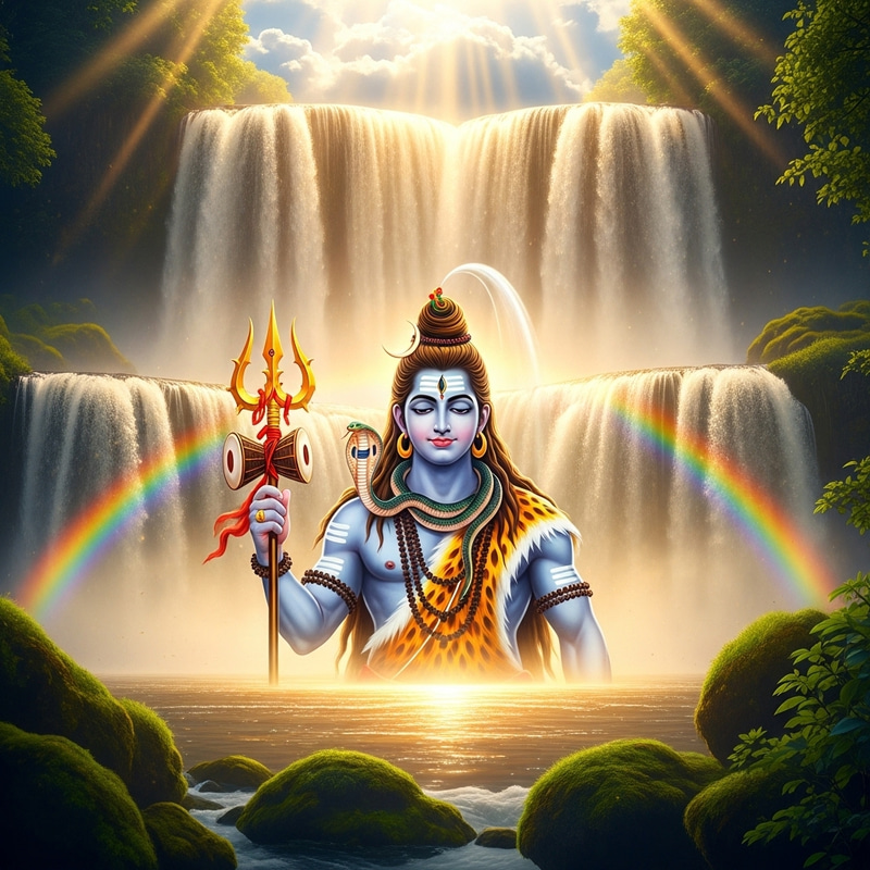 Lord Shiva in Front of Waterfall: Mystical Scene with Vivid Colors Lord Shiva in Front of Waterfall: Mystical Scene with Vivid Colors