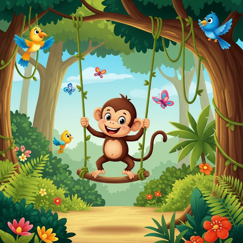 Playful Cartoon Monkey Swinging in Lush Jungle Wonderland Playful Cartoon Monkey Swinging in Lush Jungle Wonderland