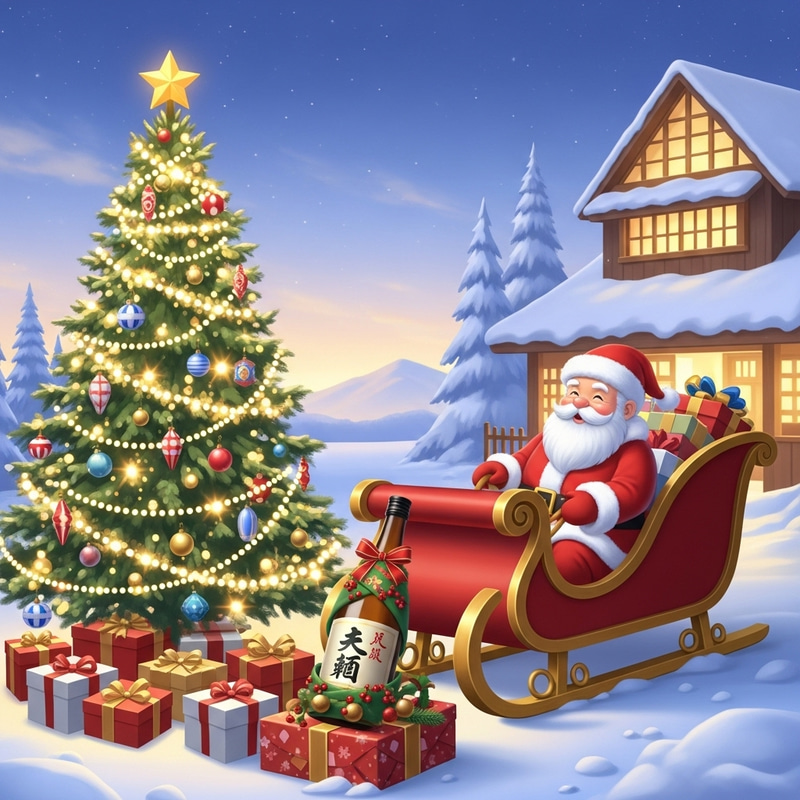 Japanese Christmas Tree with Santa Sleigh & Sake - Unique Festive Art