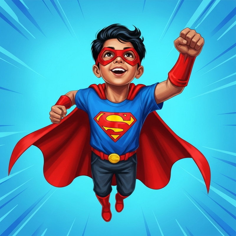 Young South Asian Superhero in Mid-Flight